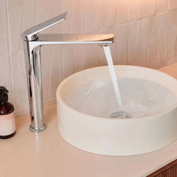 12.5 in. H Single Handle Single Hole Waterfall Bathroom Faucet for Vessel Sinks with Pop-Up Drain in Polished Chrome