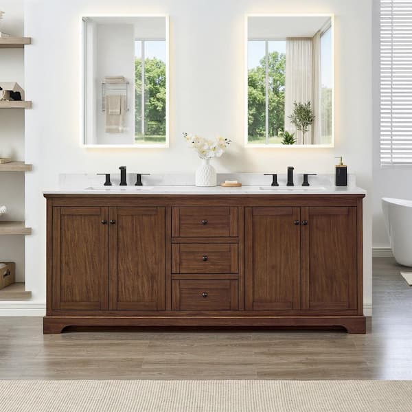 Avery 80 in. Double Freestanding Dark Walnut with Matte Black Trim Bath Vanity with Carrara Cultured Marble Top