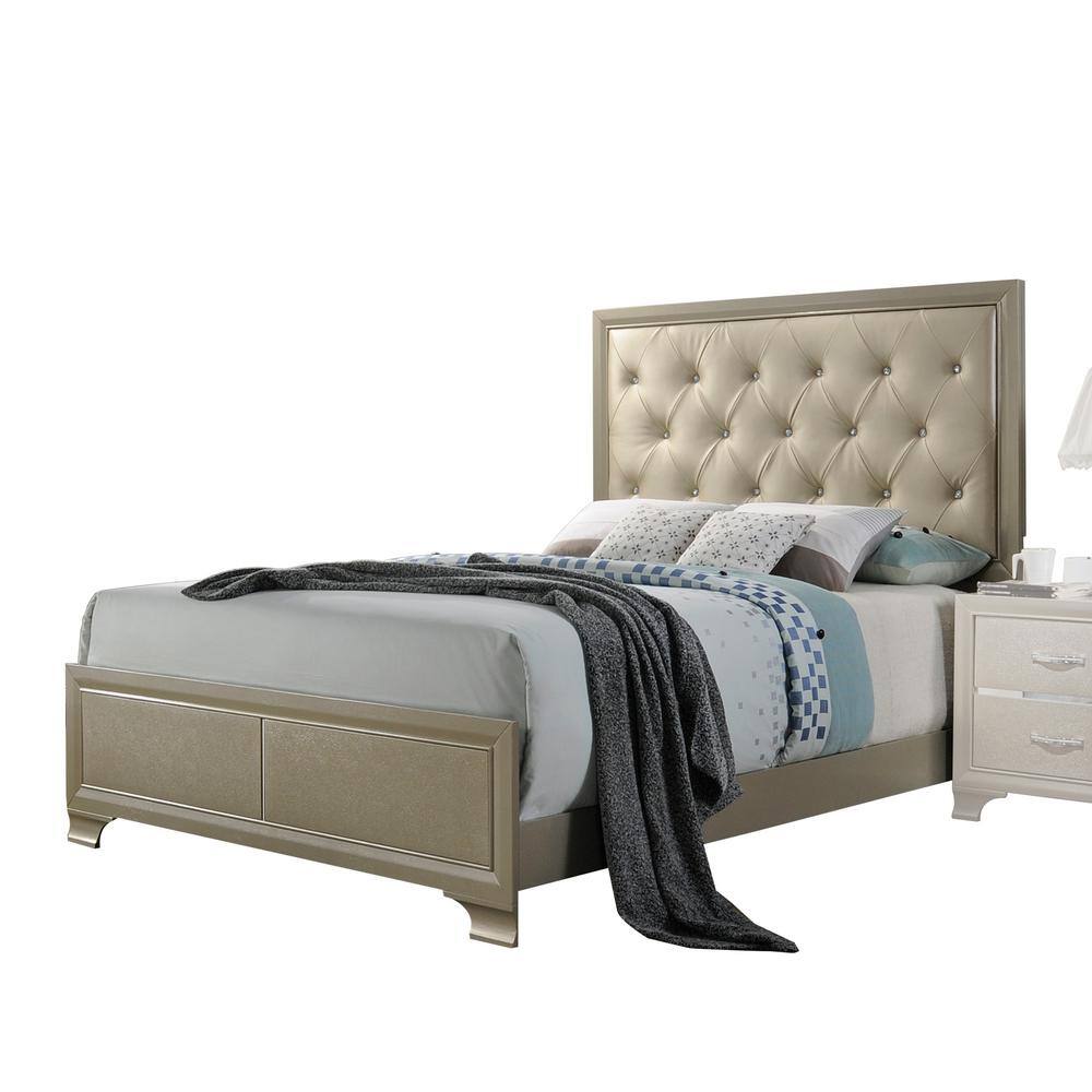 Champagne Queen Faux Leather Tufted Upholstered Bed with Headboard