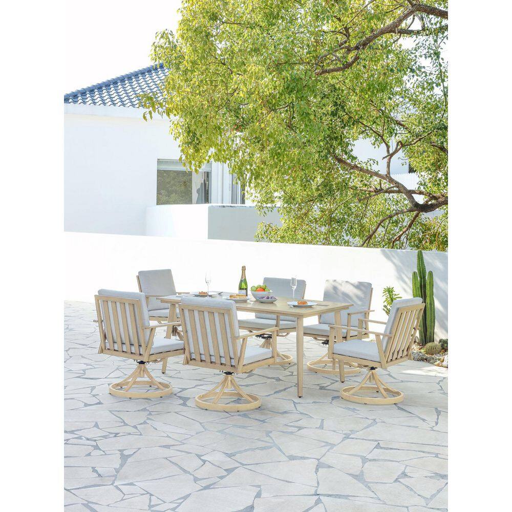 Light Brown Wood 7-Piece Aluminum Outdoor Dining Set with 6-Swivel Dining Chairs, Rectangular Table and Beige Cushions