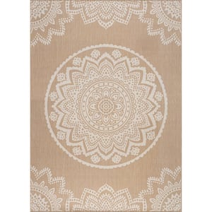 Beige/White 5 ft. x 7 ft. Medallion Indoor/Outdoor Area Rug