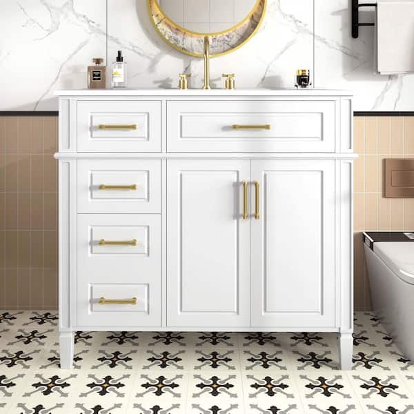 36 in. Freestanding White Bath Vanity with White Ceramic Sink Top 4 Drawers, 2 Doors and Adjustable Shelf