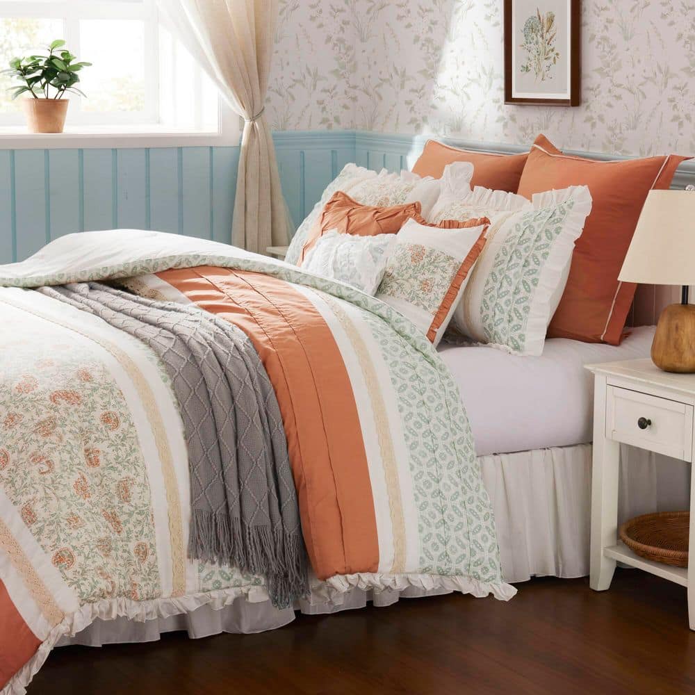 Coral and White Cotton Queen Comforter Set with Floral Print