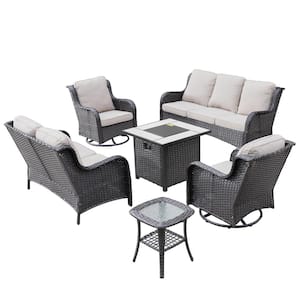 Daydreamer Brown 6-Piece Wicker Patio Fire Pit Set with Beige Cushions and Swivel Rocking Chairs