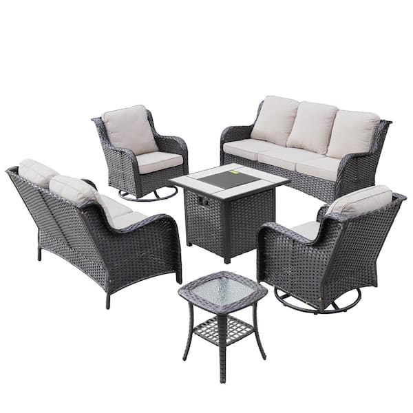 XIZZI Daydreamer Brown 6-Piece Wicker Patio Fire Pit Set with Beige Cushions and Swivel Rocking Chairs