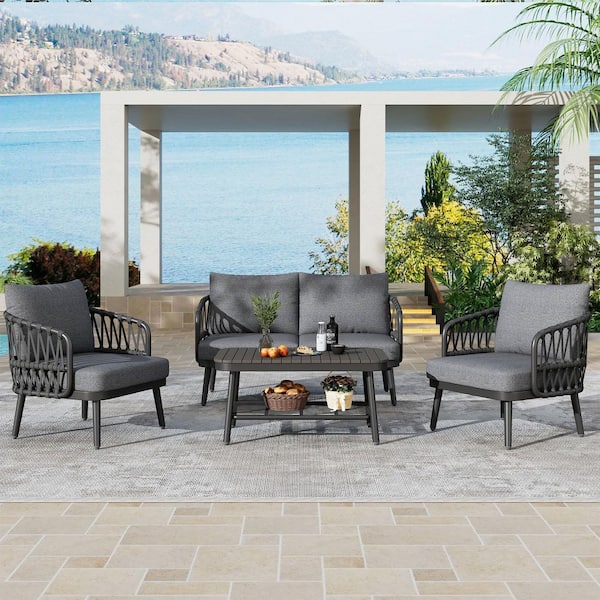 4-Piece Outdoor Black Metal Woven Rope U-Shaped Backrest Patio Conversation Set with Gray Cushions and Coffee Table