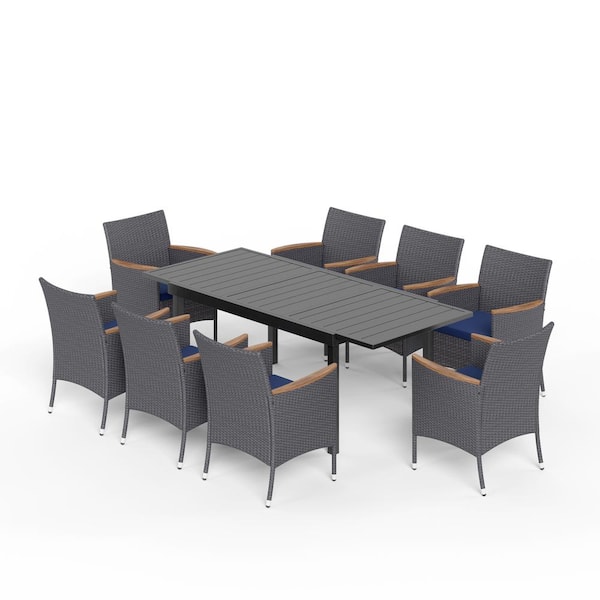 PHI VILLA Black 9-Piece Metal Patio Outdoor Dining Set with Extendable Table and Rattan Chairs with Blue Cushion