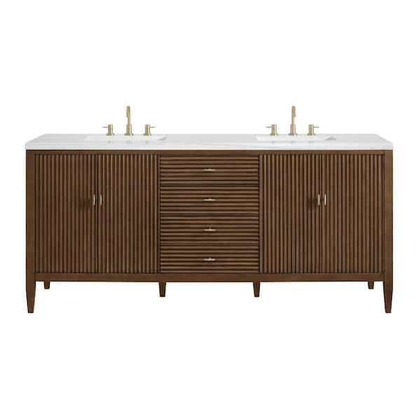 James Martin Vanities Myrrin 72.0 in. W x 23.5 in. D x 34.06 in. H Double Bath Vanity in Mid-Century Walnut and Arctic Fall Solid Surface Top