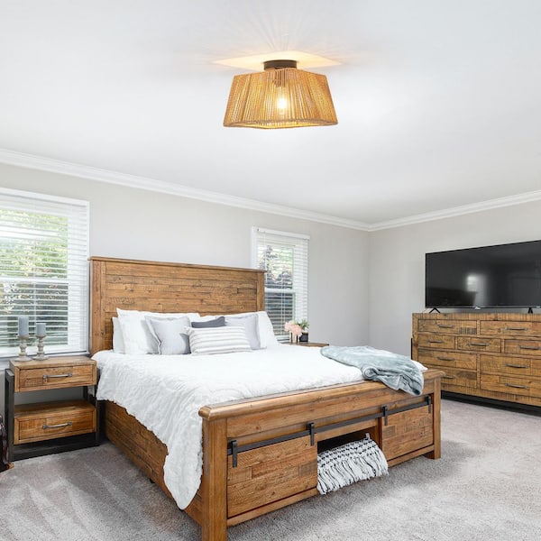 Farmhouse 14 in. 1-Light Black Boho Flush Mount Ceiling Light with Hand-Woven Rectangular Rattan Shade