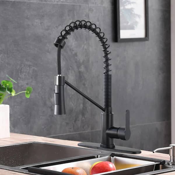 Single Handle Pull Down Sprayer Kitchen Faucet with Soap Dispenser Utility Faucet in Matte Black