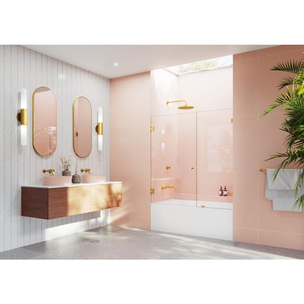 Glass Warehouse Illume 57.5 in. W x 58.25 in. H Wall Hinged Frameless Tub Door in Satin Brass with Clear Glass