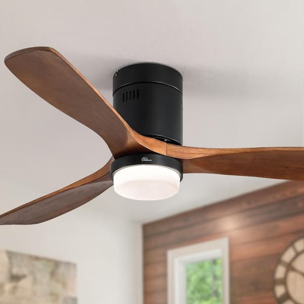 52 in. LED Indoor/Outdoor Flush Mount Matte Black Ceiling Fan with Wood Blades, 6-Speed DC Remote Control