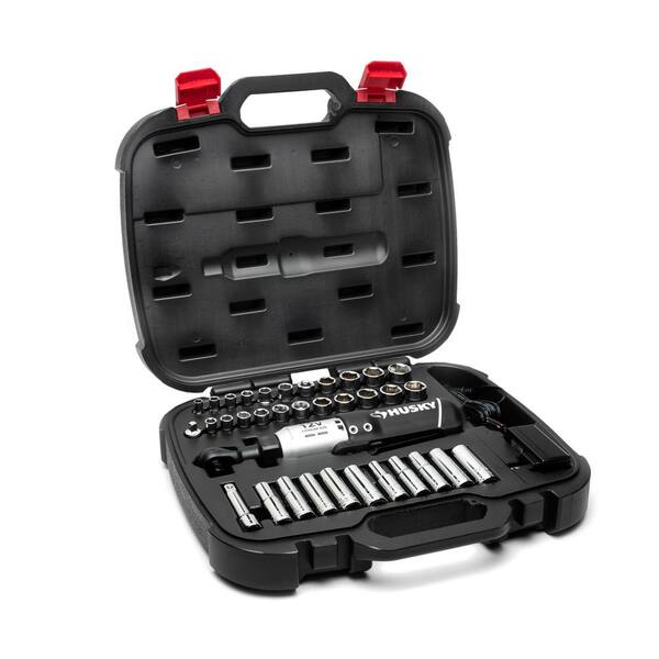 Husky - 12-Volt Lithium-Ion 3/8 in. Drive Cordless Ratchet W/ 34 Piece Socket Set, Battery, Charger, and Carrying Case