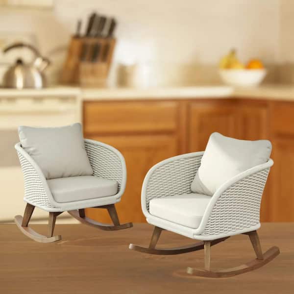 Dracelo Wood Contemporary Outdoor Rocking Chair with Beige Polyester ...