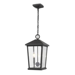 Beacon 17.5 in. 2-Light Rubbed Bronze Outdoor Hanging Pendant Light with Clear Beveled Glass Shade and No Bulb Included