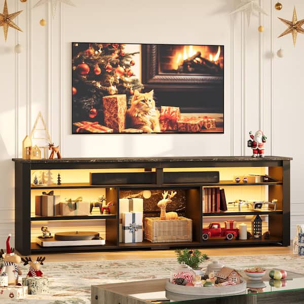 Modern Black Marble TV Stand Entertainment Center Fits TV's up to 75 in. with RGB LED Lights and Acrylic Shelves