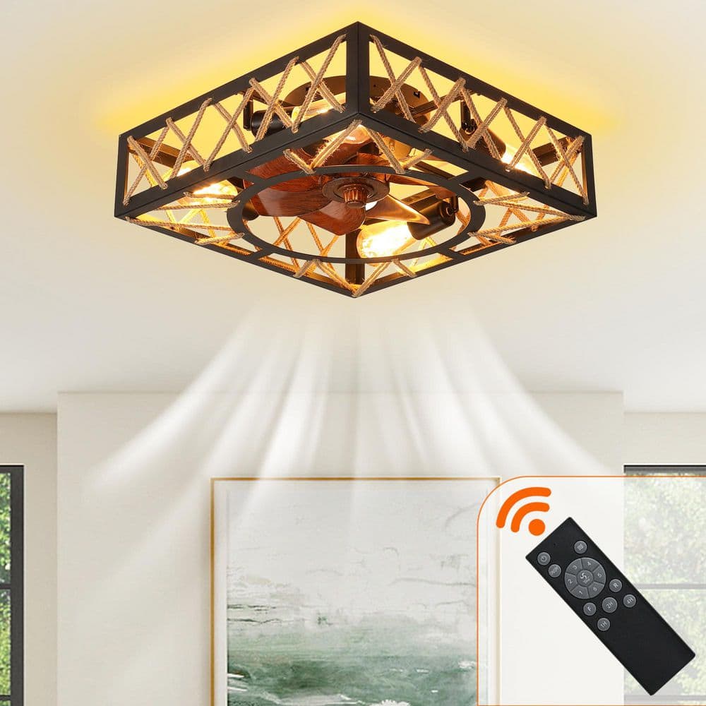 17.7-Inch Brown Low Profile Flush Mount Caged Ceiling Fan with Light, 6-Speed Reversible DC Motor, Remote, Farmhouse price history on PriceWatchPro