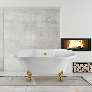 60 in. Acrylic Clawfoot Non-Whirlpool Bathtub in Glossy White with Polished Gold Drain and Polished Gold Clawfeet
