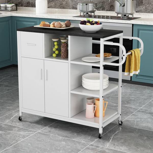 FAMYYT White Rolling Wood Tabletop 35.4 in. Kitchen Island with Drawers ...