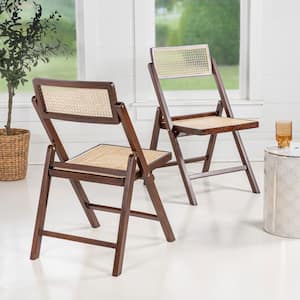 Theo Mid-Century Vintage Wood Rattan Folding Side Chair with Adjustable Back, Dark Brown (Set of 2)