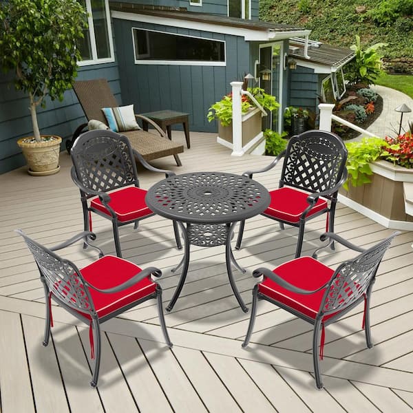 Willit Isabella 5-Piece Cast Aluminum Outdoor Dining Set with 30.71 in. Round Table and Red Cushions