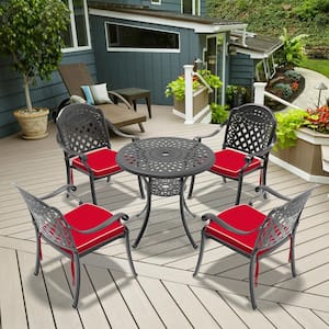 Isabella Black 5-Piece Cast Aluminum Outdoor Dining Set with Round Table and Dining Chairs and Random Color Seat Cushion