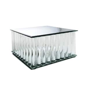 1-Tier Clear Square Mirror LED Fairy Light Up Glass Columns Cake Stand Dessert Display Tray 8 in.