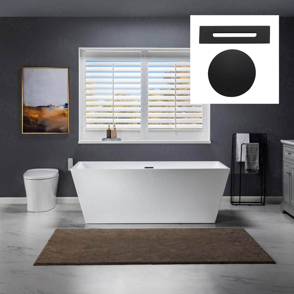 WOODBRIDGE Valence 67 in. Acrylic Flatbottom Rectangle Bathtub with Matte Black Overflow and Drain Included in White, White with Matte Black Trim -  HBT5932