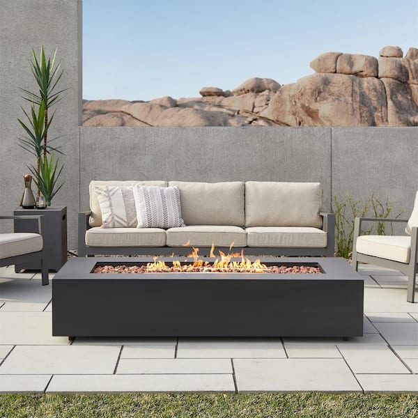 Real Flame Aegean 70 in. L X 32 in. W Outdoor Rectangular Powder Coated Steel Propane Fire Pit in Black with Lava Rocks
