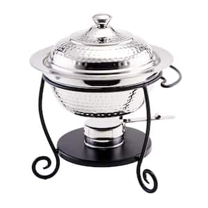 10 in. x 10-1/2 in. x 12 in. Round Hammered Stainless Steel Chafing Dish with Black Iron Stand 1-3/4 Qt.