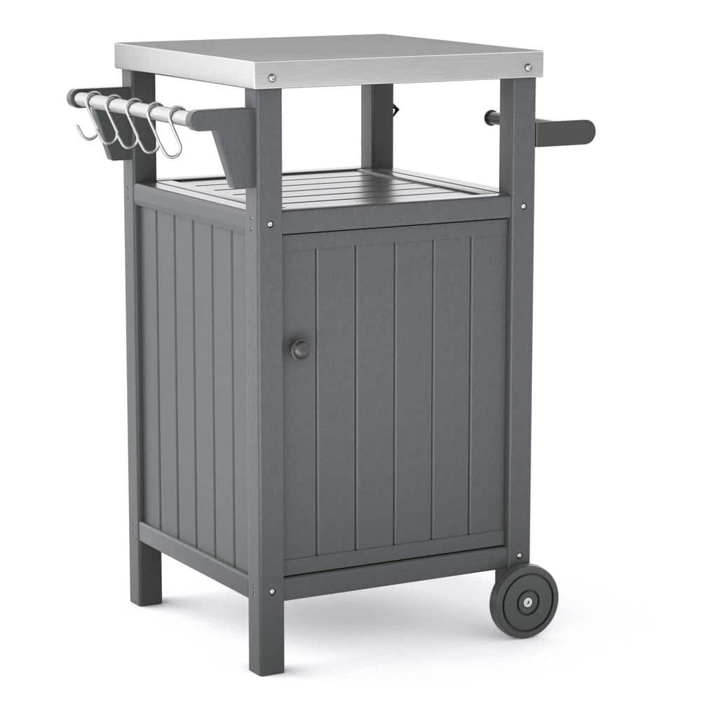 Gray Outdoor Grilling Table with Storage Cabinet Wheels Stainless Steel Cou