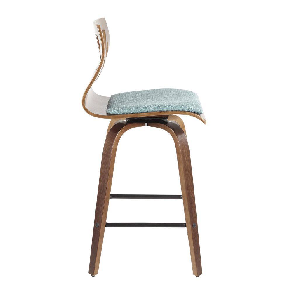 Folia Teal Upholstered Swivel Counter Height Barstools with Walnut Frame, Set of 2