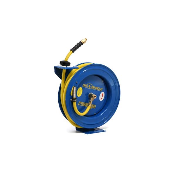 1/2 in x 50 ft Heavy Duty Rubber Air Hose and Single Arm Powder-Coated Steel Hose Reel