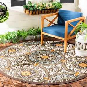 Veranda Chocolate/Aqua 8 ft. x 8 ft. Border Geometric Indoor/Outdoor Patio  Round Area Rug