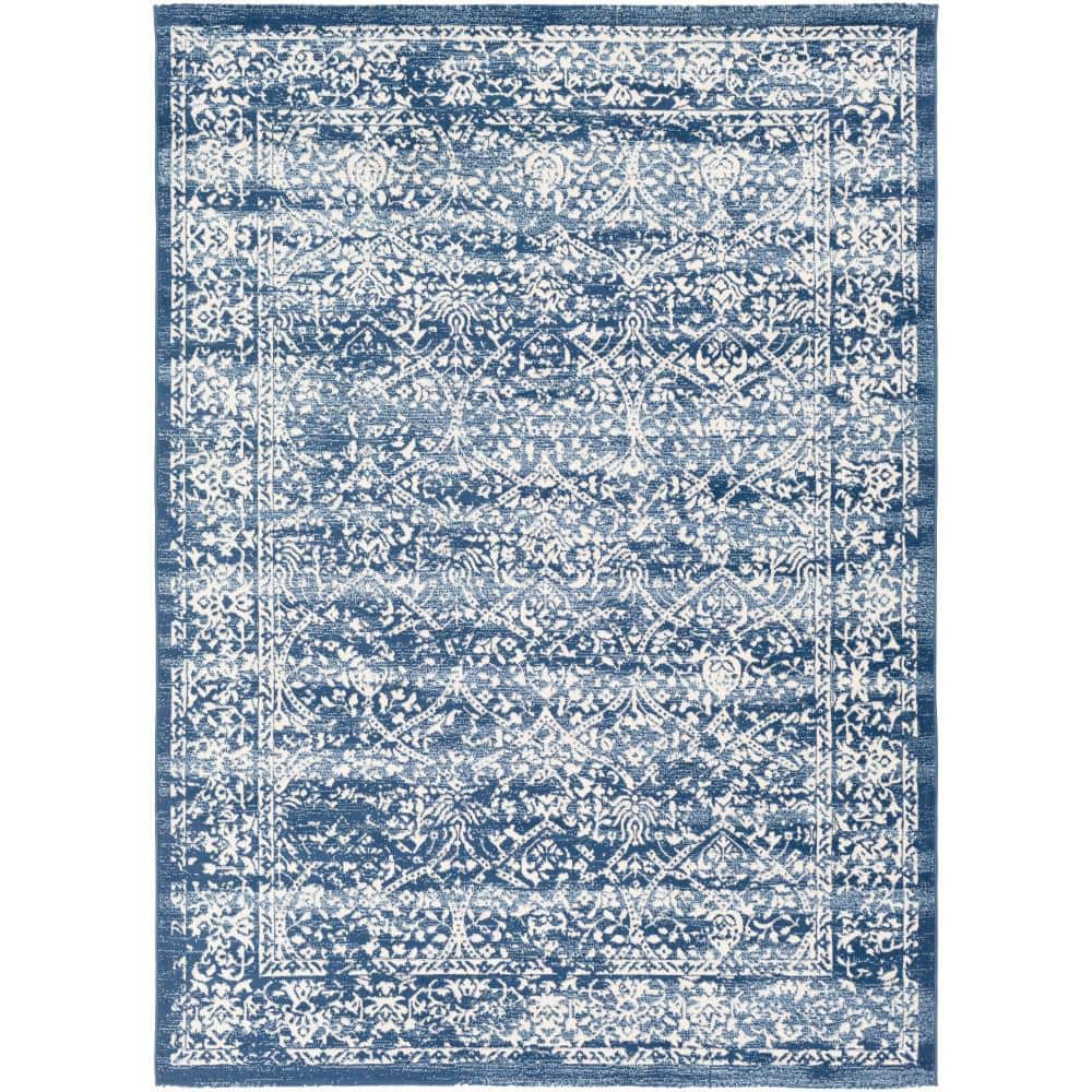 Navy Blue and White Rectangular Synthetic Area Rug
