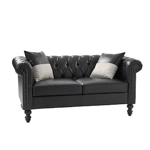 Felisa 62.2" Wide Rectangle Button-tufted Leather Sofa with Rolled Arms and Gourd-shaped Solid Wood Legs-Black