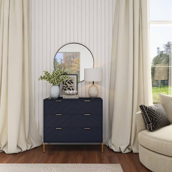 Modern Blue 3-Drawer 31.5 in. H Chest with Metal Legs MDF Storage Cabinet