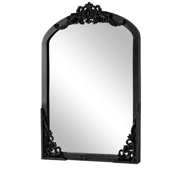 Lirago Rustic Arched 24 in. W x 36 in. H Solid Wood Framed DIY Carved Full Length Mirror in Black