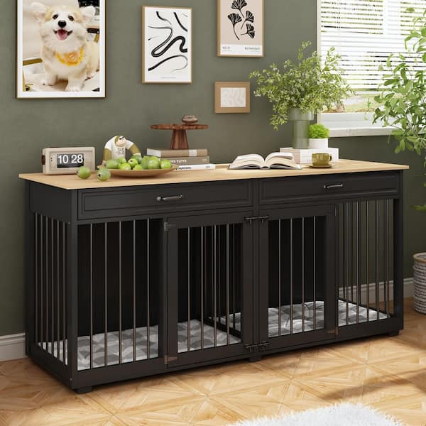 Indestructible Large Dog Kennel Cage with Removable Irons for 2 Medium Dogs, Modern Large Dog Crate Furniture, Black