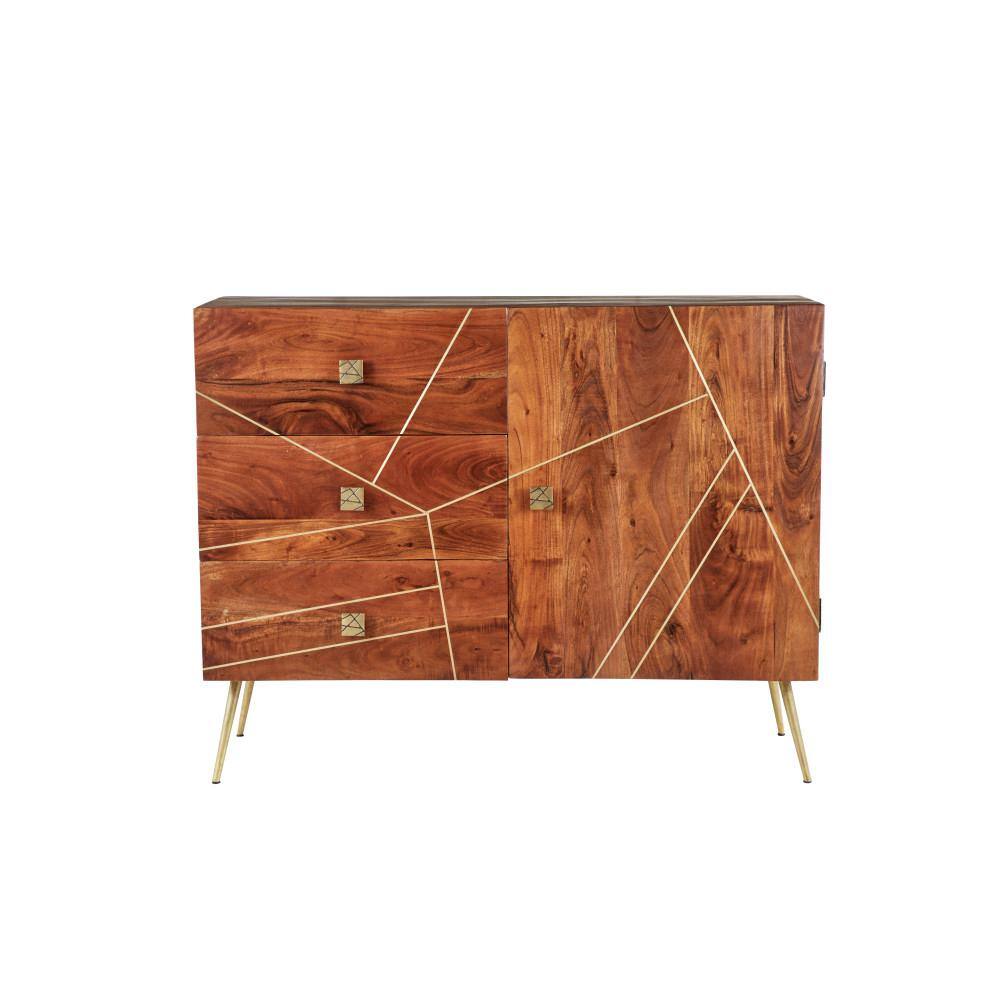 Brown and Gold Metal Wood Buffet with 3 Drawers and 2 Doors
