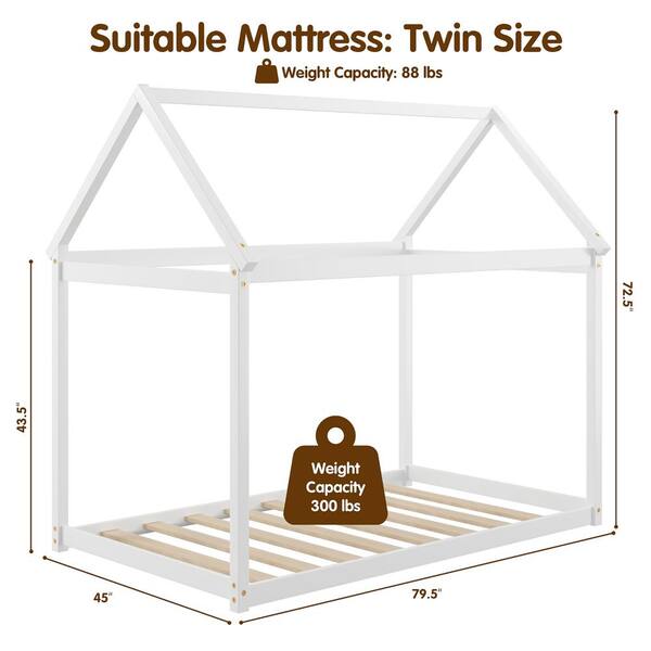 Costway Twin House Bed Wood Frame with Roof for Kids Toddler