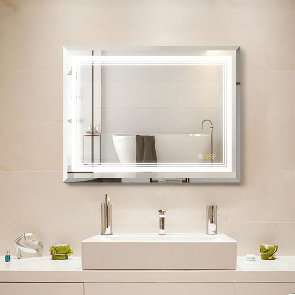 HBEZON Siren 32 in. W x 24 in. H Medium Rectangular Frameless LED Dimmable Anti-Fog Wall Mount Bathroom Vanity Mirror in Silver