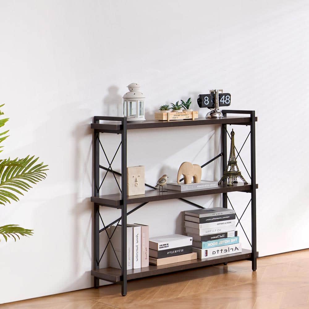 Brown Metal 3-Tier Adjustable Industrial Bookshelf