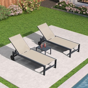 Textilene Fabric and Aluminum Frame Outdoor Chaise Lounge with Wheels for Patio, Beach, Yard, Pool, Side Table Included
