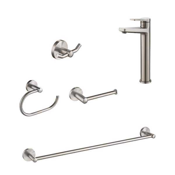 KRAUS Indy Single Hole Single-Handle Bathroom Faucet with Towel Bar, Paper Holder, Towel Ring, Robe Hook in Stainless Steel