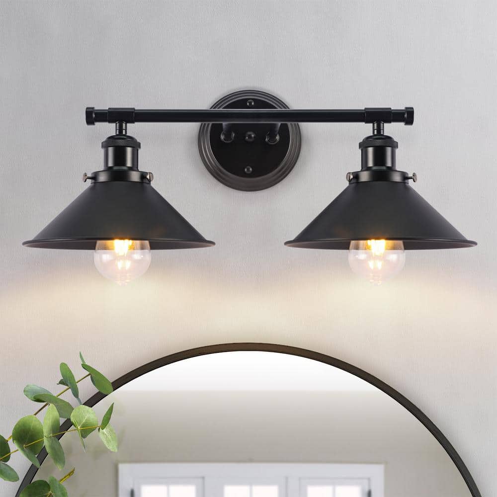 20.5 in. 2-Light Matte Black Modern Vanity Light with Metal Shades for Bath
