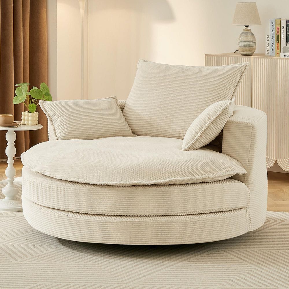 Helora Modern Beige Corduroy Fabric Upholstery Swivel Round Sofa Chair Accent Barrel Arm Chair with Pillows price history on PriceWatchPro