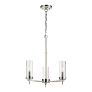 Zire 3-Light Brushed Nickel Modern Minimalist Dining Room Hanging Candlestick Chandelier with Clear Glass Shades