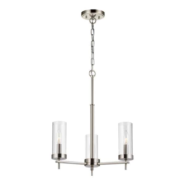 Generation Lighting Zire 3-Light Brushed Nickel Modern Minimalist Dining Room Hanging Candlestick Chandelier with Clear Glass Shades