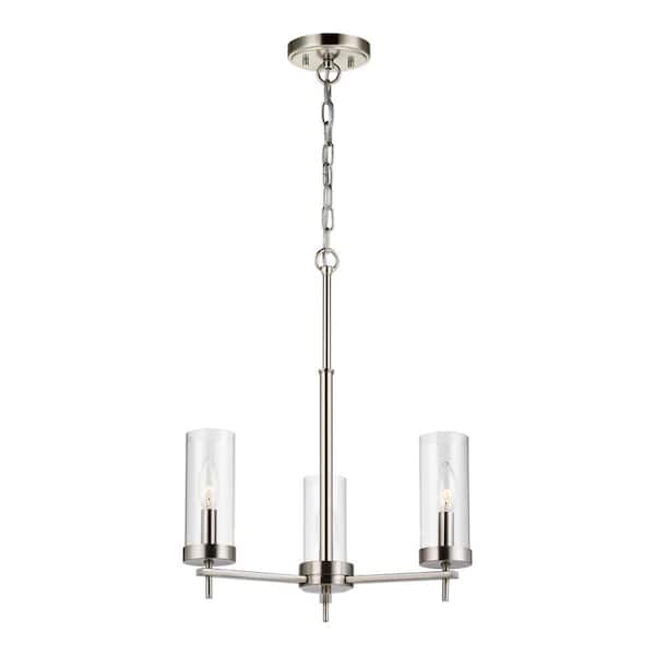 Studio Zire 3-Light Brushed Nickel Modern Candlestick Chandelier w/ Clear Glass Shades and Dimmable Candelabra LED Bulbs